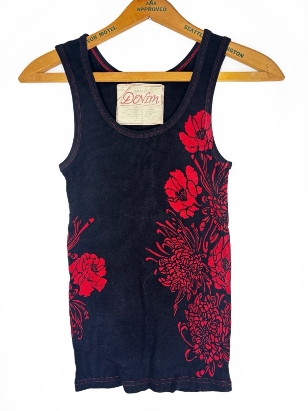 Vintage Y2K Black Ribbed Tank Top with Red Floral Print, Old Navy -S-